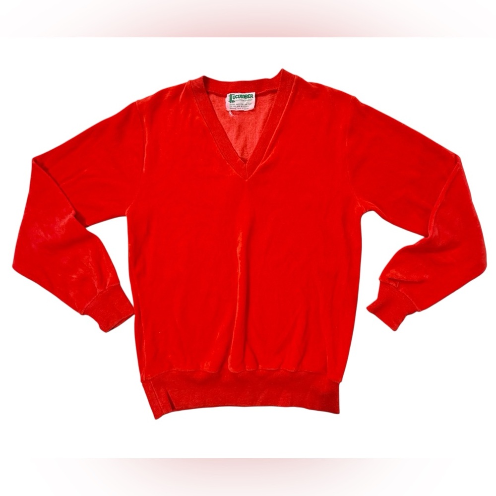 Vintage Cucumber Brand Women’s Red Orange V-neck Velour Pullover Top Size Small